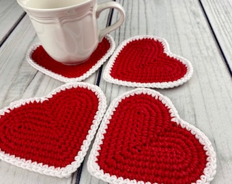 Crochet valentine heart coasters set of four, holiday kitchen decor, Valentine's coffee bar, friend or sweetheart gift