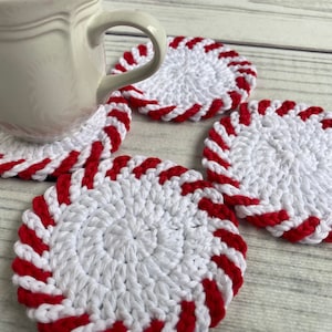 Crochet peppermint coasters set of four, holiday kitchen decor, Christmas coffee bar, teacher or hostess gift