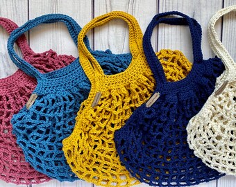 Reusable grocery bag, farmers market bag, French market bag, fishnet shopping bag, crochet shoulder bag, mesh beach tote