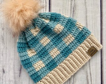 Women's buffalo plaid beanie, knit toque, crochet winter hat with pompom, ladies blue check hat.