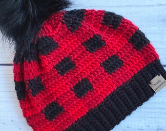 Buffalo plaid beanie, women's red black check hat, black and white plaid knit, winter toque with pompom