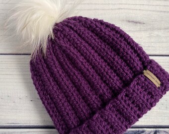 Women's chunky beanie with pompom, cozy knit ribbed toque, crochet purple, white, blue winter hat with faux fur pom