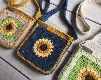 Crochet sunflower crossbody bag, small lined granny square bag, boho summer purse, cute phone pouch, knit tote