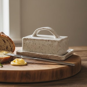 Manteigueira PUR com tampa, tamanhos europeus para manteiga, cerâmica de grés, 27 cores à escolha, utensílios de mesa para o café da manhã, feita à mão.