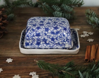 Butter dish BLUE FLOWER, European butter sizes, stoneware ceramic, breakfast dishes