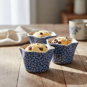 May include: Three blue and white floral patterned muffin cups filled with muffins and chocolate chips. The cups are on a wooden table, with a matching mug in the background.