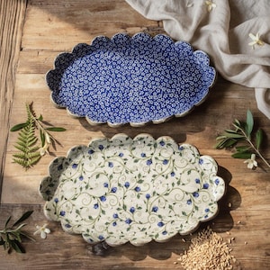 Oval ceramic serving platter, Blue Flower and Blue Rose, wavy edge, for snacks, cookies and decoration