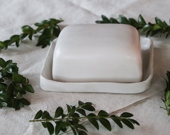 Butter dish PUR, matt white, European butter sizes, stoneware ceramic, breakfast dishes