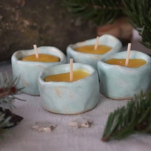 Candles, 100% beeswax poured into small hand-made ceramic cups, wasabi