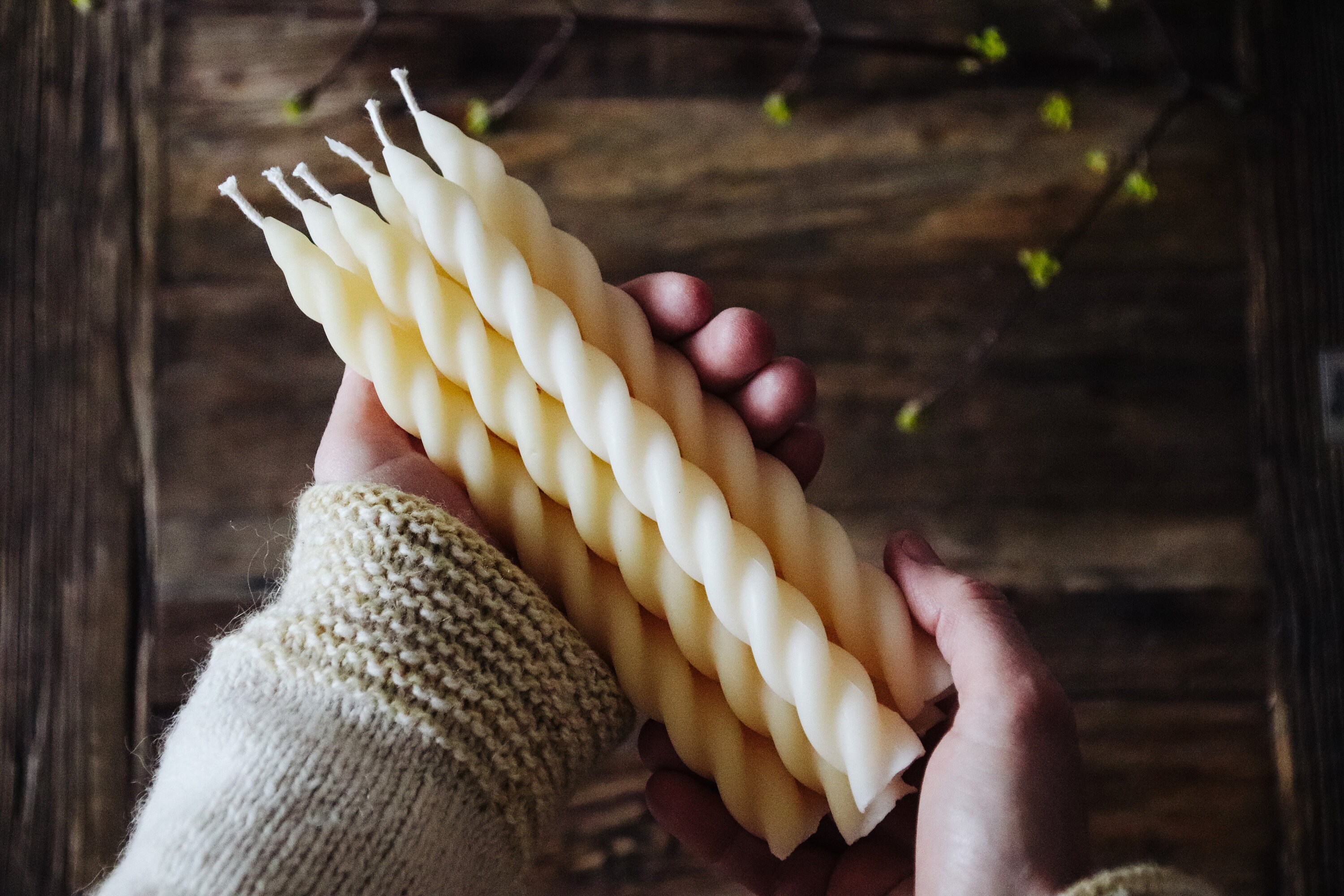 twisted candles made of beeswax, elegant spiral candles, SPRING PROMISE