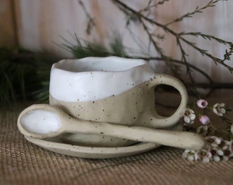 CALM cup with small plate and spoon, 3 piece set, handmade tableware, stoneware ceramic, pastel colors