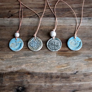 rustic necklace, ceramic pendant with leather strap, adjustable length, hand-made, ammonite, star, tree of life, unisex