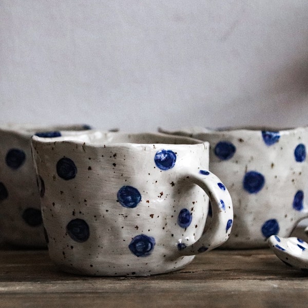 Pottery cup with handle POLKA DOTS, coffee mug, tea cup, stoneware ceramic
