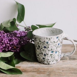 Mug blue rose, 400ml, stoneware ceramic, hand-made