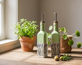 Handmade ceramic olive oil bottle, oil dispenser and vinegar bottle with pourer, for kitchen and table, lovely housewarming gift