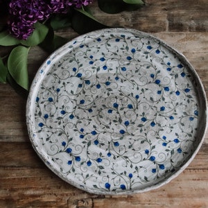 large stoneware plate BLUE ROSE, various sizes to choose from, hand-made