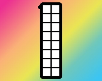 May include: Black and white illustration of a tall, rectangular object with a grid pattern. The object is divided into 16 squares.