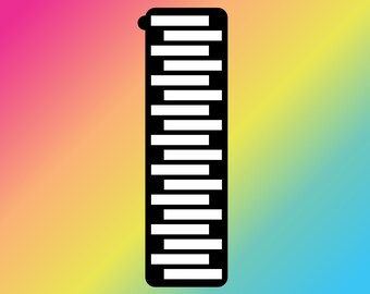 May include: Black and white graphic of a tall, thin building with many horizontal lines.