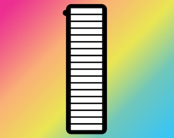 May include: A vertical rectangular graphic icon featuring a thick black border and a series of horizontal white bars separated by thin black lines. A small black circle is attached to the upper left corner of the frame against a gradient background.