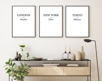 Set of Three City Posters, Travelling gift, Minimalist living room art, Wall Art, London, Tokyo, Singapore, Rome, New York, Paris.