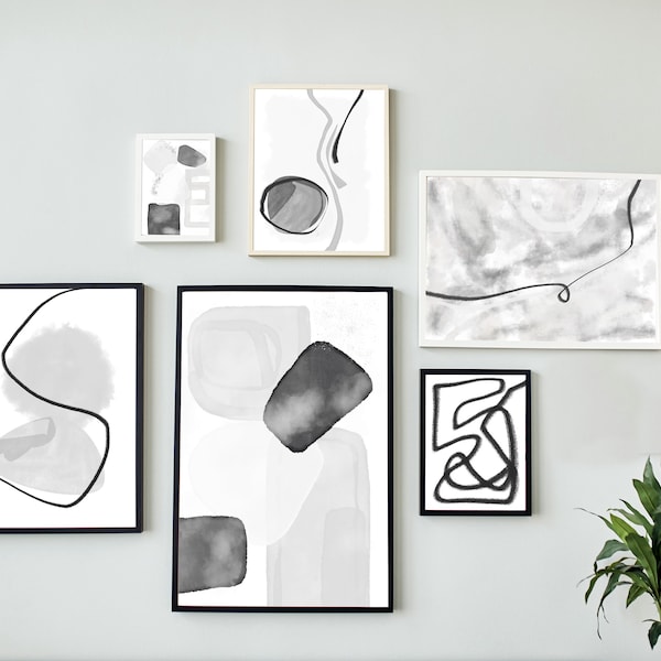 Set of 6 Grey Gallery Wall, Abstract Art, Neutral Wall Art for Bedroom, Living Room, Cream, Grey, Charcoal tones.