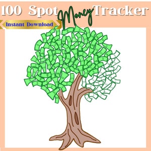 May include: A printable 100 Spot Money Tracker worksheet features a cartoon tree with dollar bills as leaves. The text "100 Spot Money Tracker" and "Instant Download" is at the top of the image.