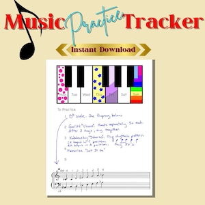 以下が含まれることがあります： ピアノのキーボードと毎日のスケジュールを備えた、印刷可能な音楽練習トラッカー。トラッカーには、週の各曜日ごとの指示を含む練習項目のリストが含まれています。トラッカーのテキストには、「Music Practice Tracker」、「インスタントダウンロード」、「練習のために」、「Bbスケール」、「Gurlitt 'Vivace'」、「Kabaleosky 'Sterza'」、「'Let It Go'を記憶する」が含まれています。