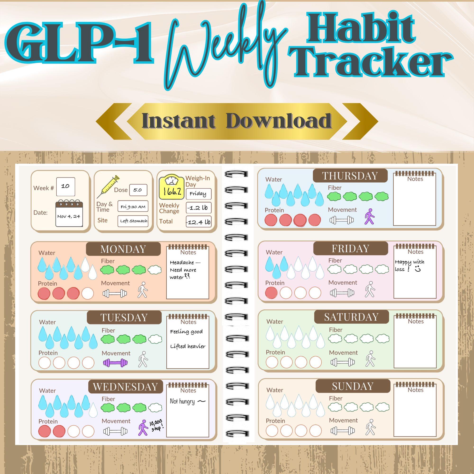 Printable Weekly GLP-1 Habit Tracker for Protein Water and More. INSTANT DOWNLOAD for Ozempic Wegovy Mounjaro. Weight Loss Journal.