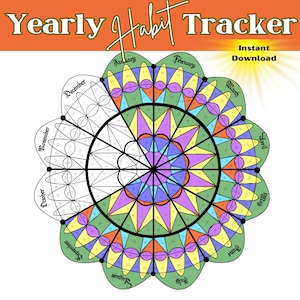 Mandala YEARLY Habit Tracker Bullet Journal Mandala for you to color Printable Mandala Digital Download
