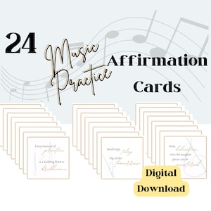 Op de afbeelding: Een set van 24 digitale affirmatiecards voor het oefenen van muziek. De kaarten bevatten motiverende citaten over oefenen, toewijding en vooruitgang. De kaarten zijn ontworpen met een lichtblauw en beige kleurenschema en bevatten muzieknoten op de achtergrond.