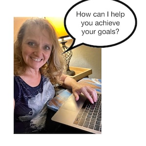 May include: A woman is working on a laptop computer. The laptop is open and the keyboard is visible. The woman is smiling and looking at the camera. A speech bubble above her head says "How can I help you achieve your goals?"