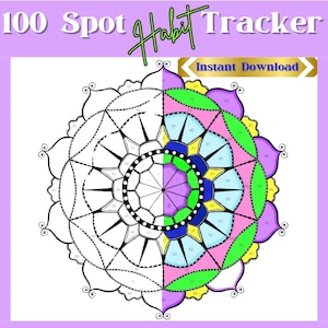 100 Item Mandala Habit Tracker, Bullet Journal, Mandala to color, PDF to print, and cropped PNG sticker, Instant Digital Download Only