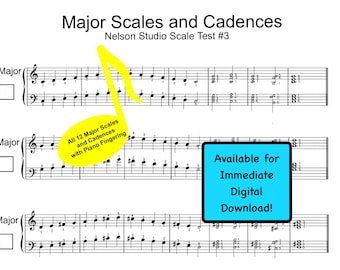 Major Scales with fingerings, Beginning Piano, PDF Digital Download Only