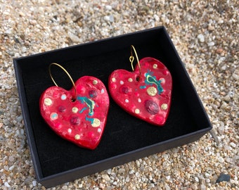 Boucles d'oreilles pendantes coeur rouge faites main, style bohème Frida