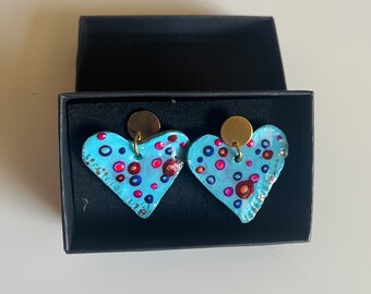 PENDIENTES CORAZON CELESTES Folk Originales Piezas Unicas Asimétricas Hecho a mano Pieza de Arte Exclusivos Regalo mujer único.