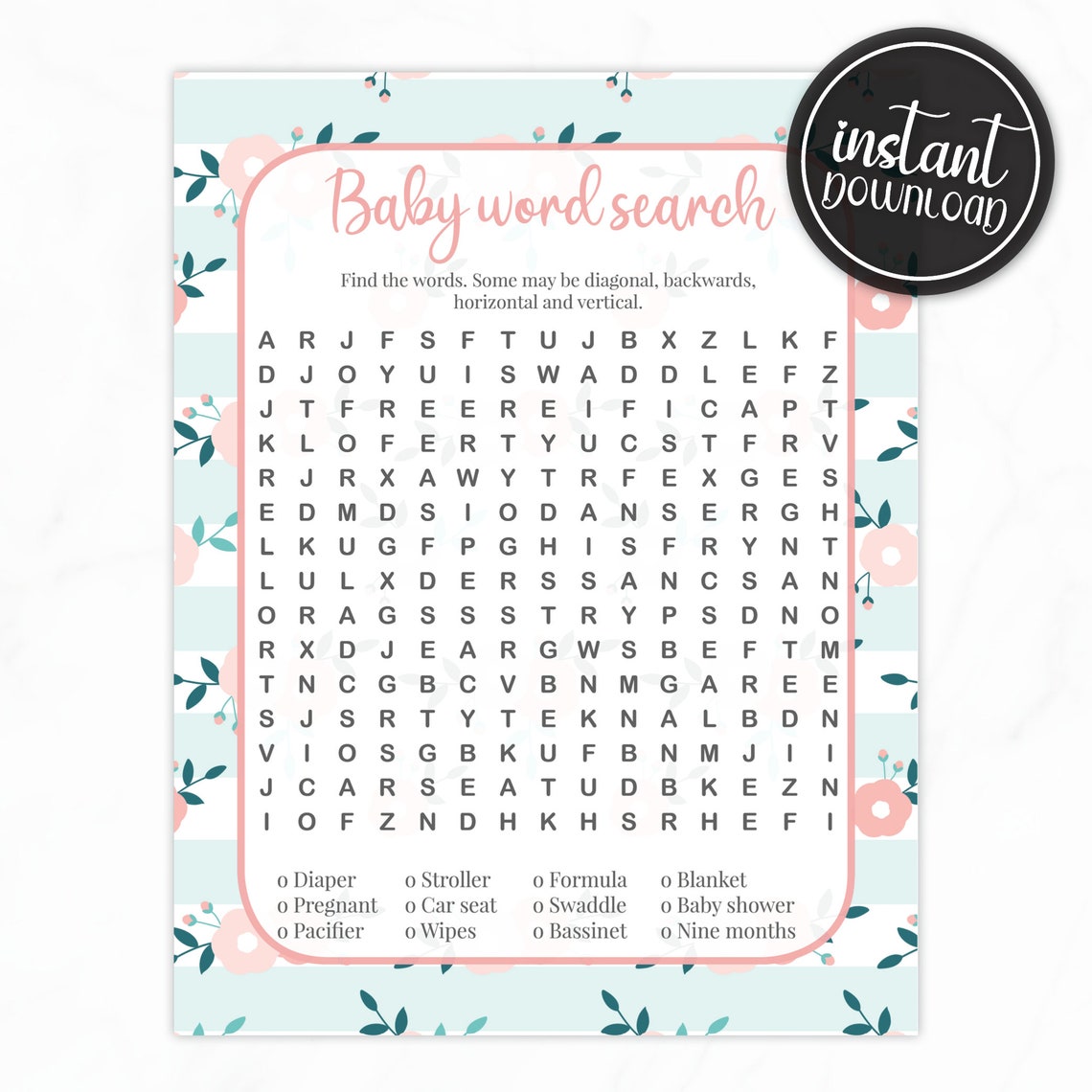 Baby word search baby shower games printable instant download. | Etsy