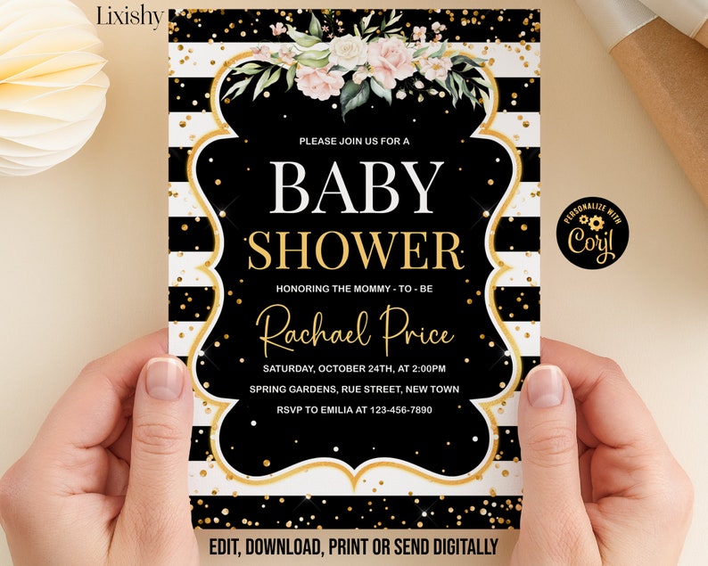 Editable Black White Gold Baby Shower Invitation Card Baby Shower