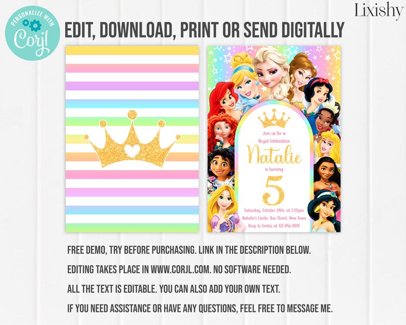 Princess Birthday Invitation Editable Princess Birthday Party
