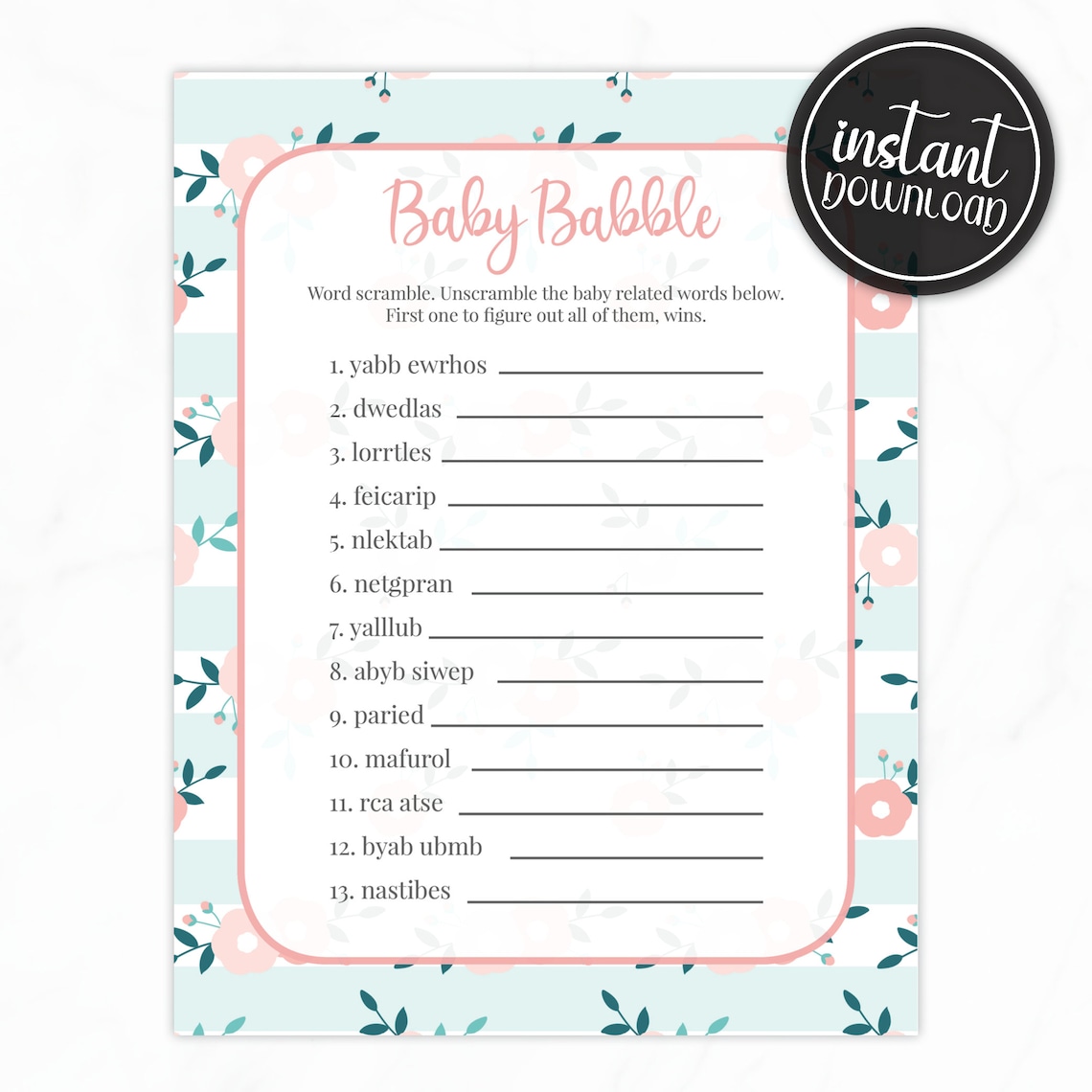 Baby babble baby shower games printable instant download