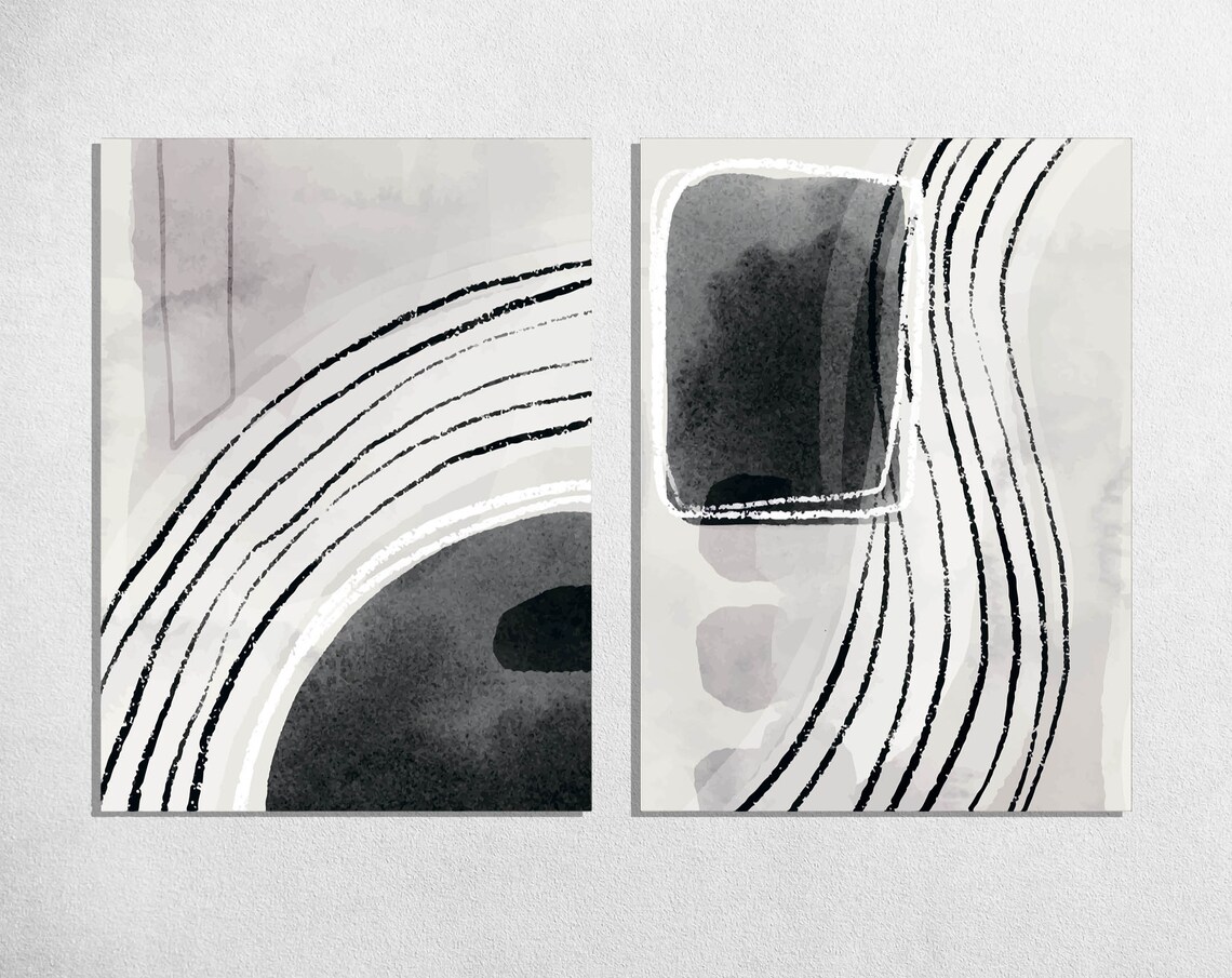 Abstract Shapes And Lines Wall Art Black And White Watercolor | Etsy