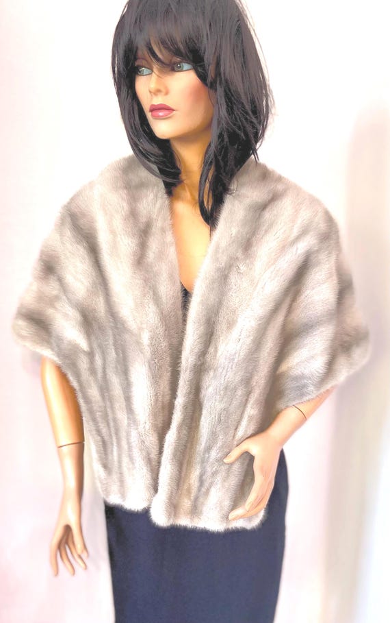 Stola pelliccia visone grigio argento zaffiro vintage - Pelliccia d'epoca - Scialle visone silver - Mantella vero visone - Bolero teatro