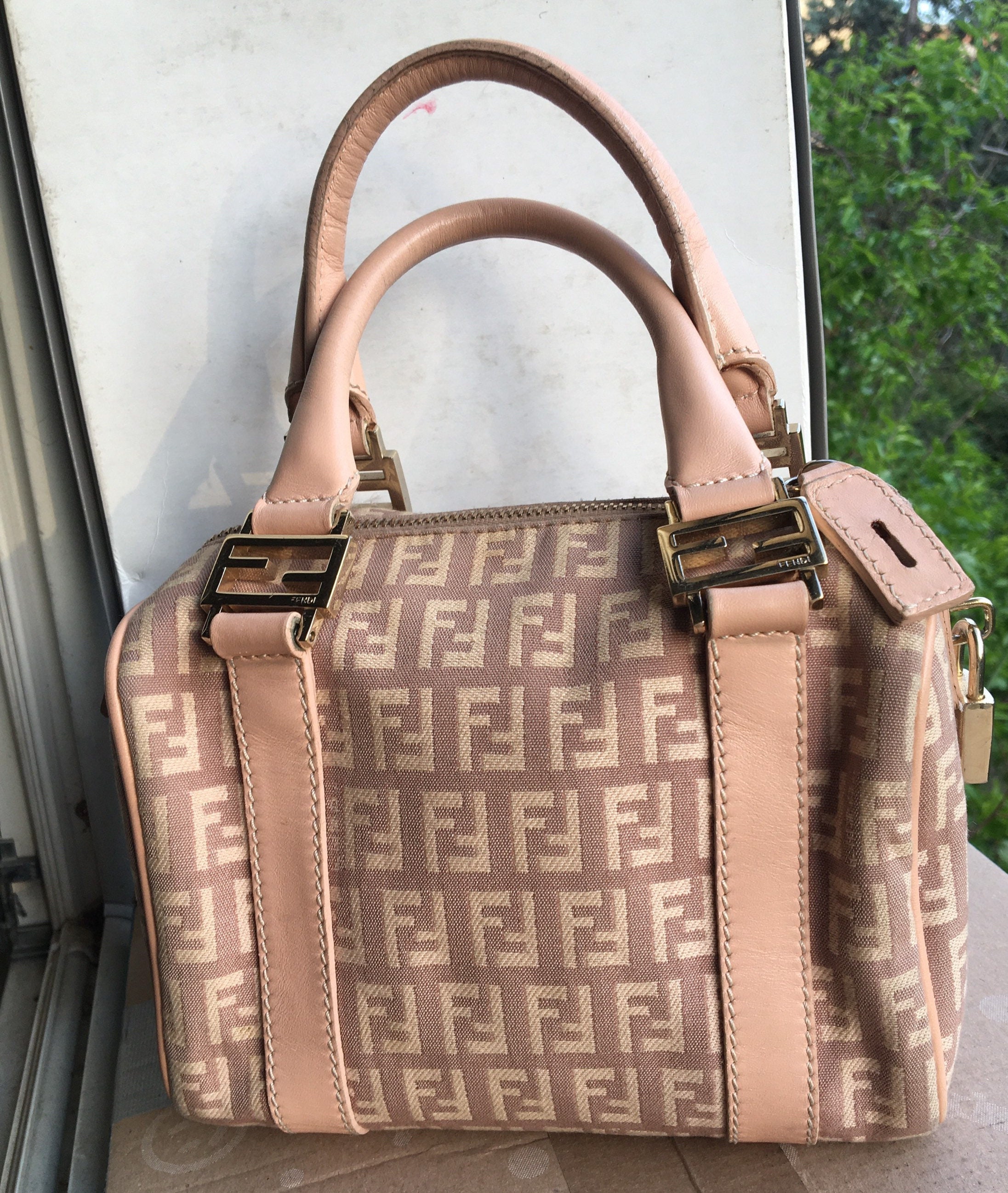 Fendi Brown Crystal Canvas Monogram FF Zucca Boston Duffle Bag