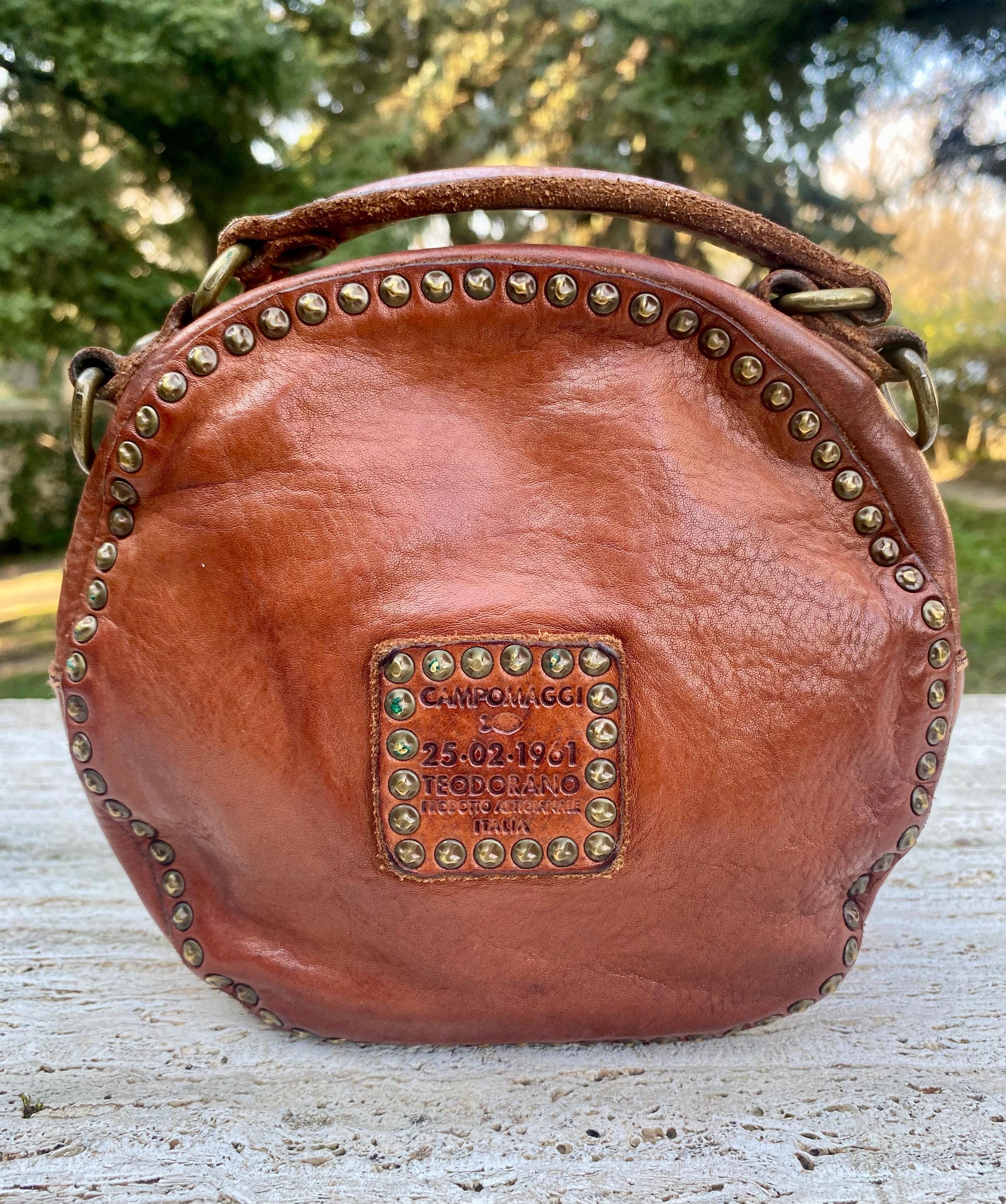 バッグ VINTAGE LEATHER STUDS SHOULDER BAG Italy CAMPOMAGGI Round Bag Vintage Leather - Handbag Leather and