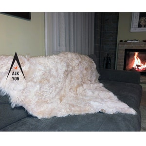 Genuine Sheepskin fur throw in Ivory color, fur blanket, fur rug, fur warmer, fur comforter