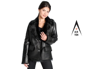 Sheepskin Jacket in Black Colour KALLIOPI | JACKET fur jacket, sheepskin coat, winter coat