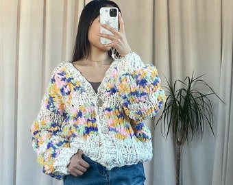 Multi-coloured Fluffy Hand-Knitted Cardigan |Chunky Sweater for Women, Crochet Embroidery Sweater, Unique Gifts for Women |