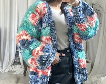 Soft Hand-knitted Multicolour Chunky Cardigan |Chunky Sweater for Women, Crochet Embroidery Sweater, Unique Gifts for Women |