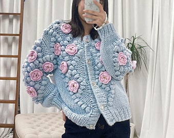 Winter Thick Sweater Handmade 3D Flower or Grapes Cardigans |Chunky Sweater for Women, Crochet Embroidery Sweater, Unique Gifts for Women |