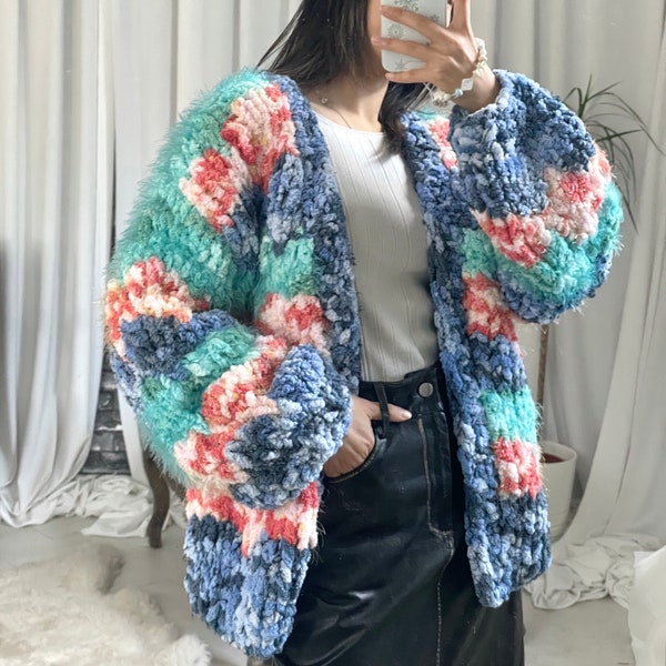 Soft Hand-knitted Multicolour Chunky Cardigan |Chunky Sweater for Women, Crochet Embroidery Sweater, Unique Gifts for Women |