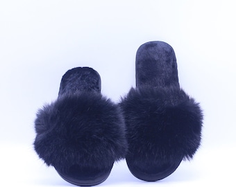 navy blue fluffy sliders